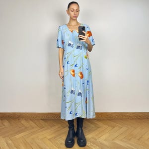 Vintage Light Blue Floral Short Sleeve Midi Dress, Button Down Summer Dress