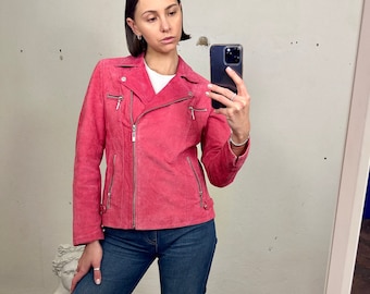 Vintage Pink Suede Leather Jacket, Crop Leather Jacket