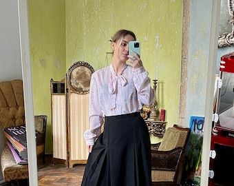 Vintage White Floral Pussybow Blouse, Long Sleeve Bow Tie Top