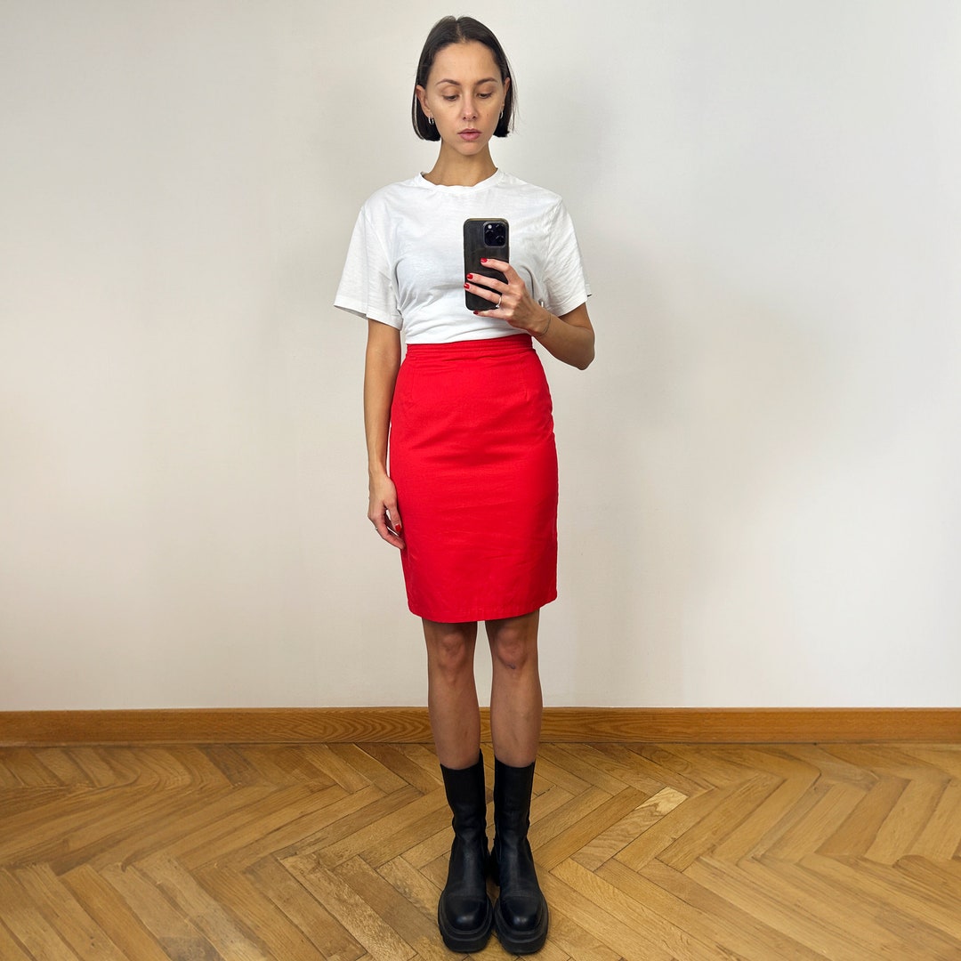 Vintage Red Pencil Midi Skirt, High Waist Cotton Skirt