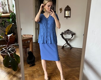 Vintage Light Blue Luisa Spagnoli Lace Midi Dress, Short Sleeve Lace Dress