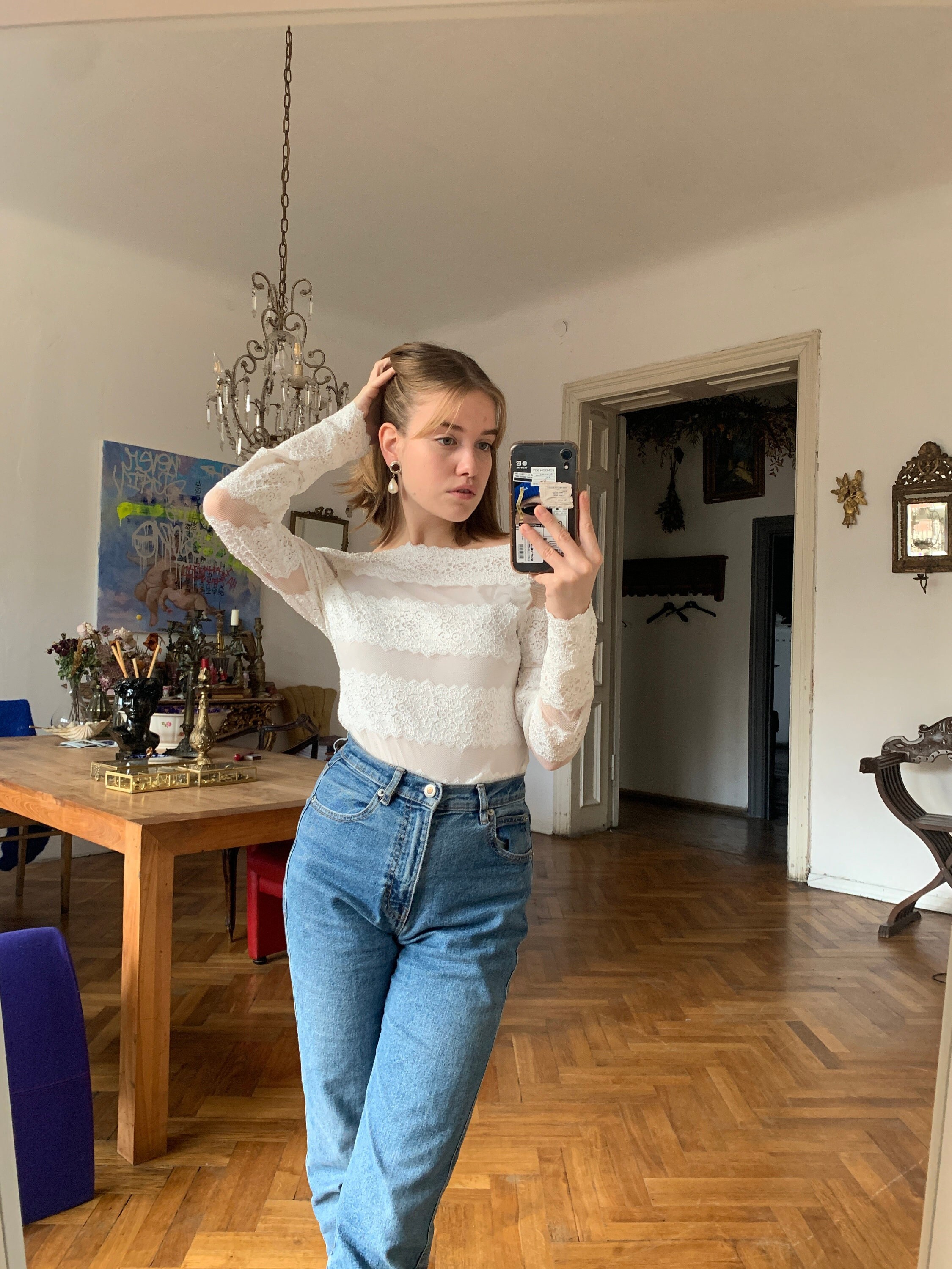 Vintage White Lace Blouse Long Sleeve 