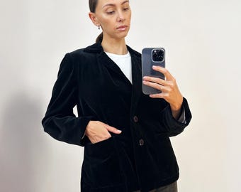 Blazer de veludo preto vintage, jaqueta de veludo preto