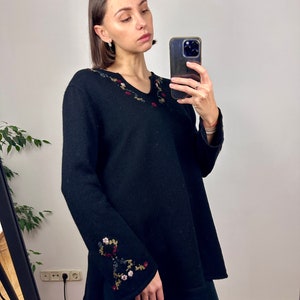 Vintage Black Wool Sweater, Oversized Black Embroidered Sweater