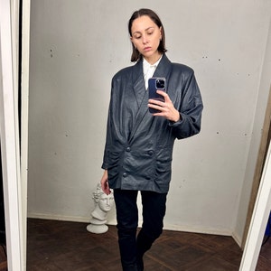 veste longue en cuir gris vintage des années 80