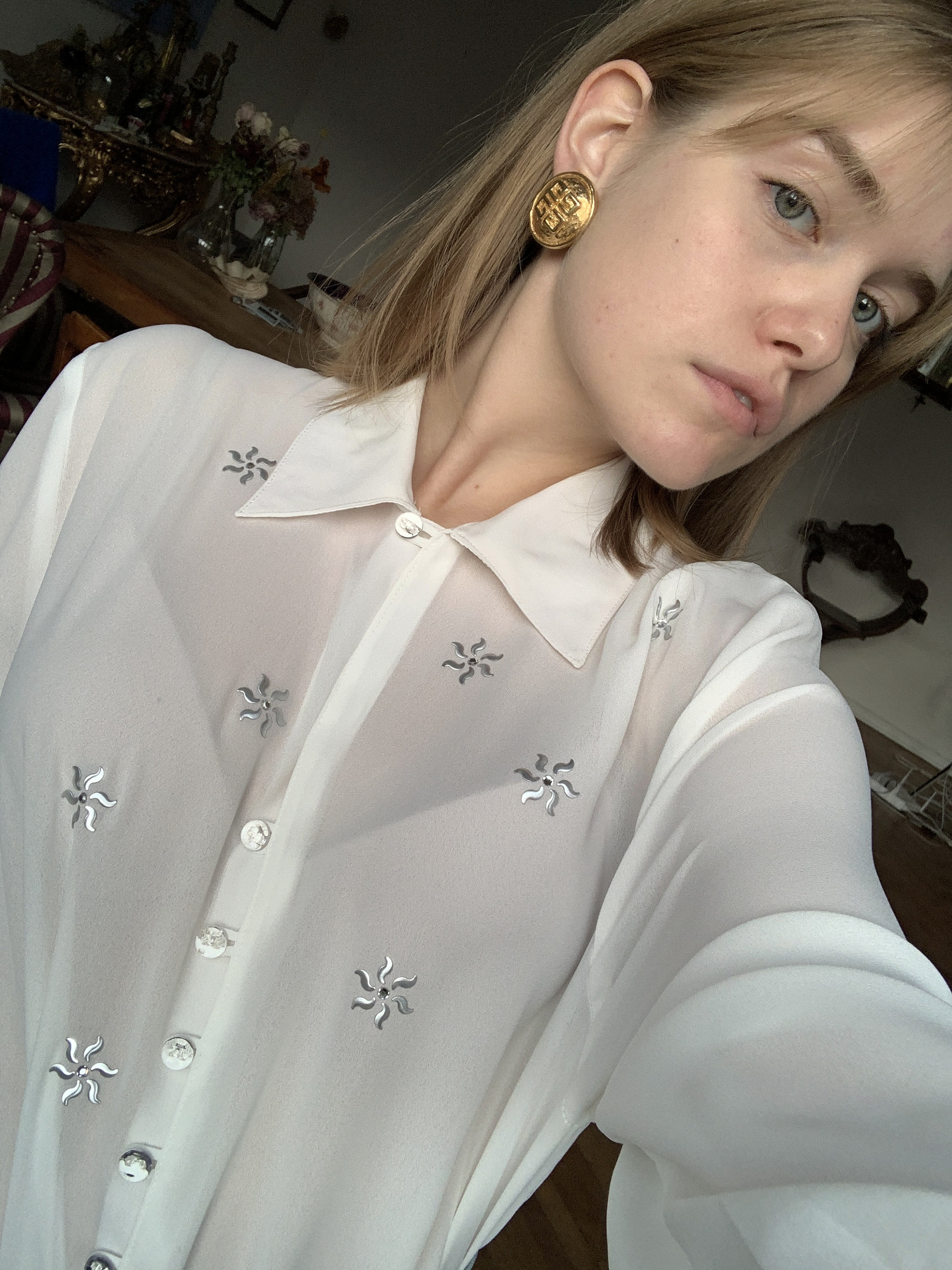 Vintage White Semi-sheer Blouse, Long Sleeve Chiffon Shirt Vintage White Semi-sheer Blouse, Long Sleeve Chiffon Shirt