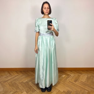 Vintage Light Green Striped Satin Maxi Dress, Long Silky Dress