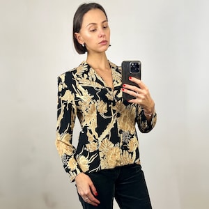 Vintage Black Floral Blouse, Long Sleeve Button Down Top