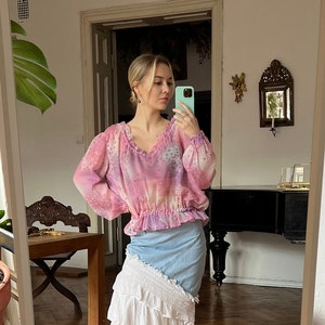 Vintage Pink Floral Sheer Ruffle Blouse, Long Sleeve Semi-Sheer Top