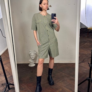 Vintage Short Sleeve Plaid Jumpsuit , Summer Jumpsuit