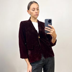 Vintage Burgundy Velvet Blazer, Elegant Velour Jacket