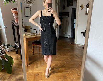 Vintage Black Sleeveless Midi Dress, Mini Dress With Sequin