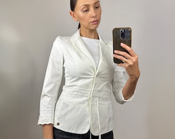 Vintage White LUISA SPAGNOLI Crop Elegant Blazer, Designer Cotton Women's Jacket