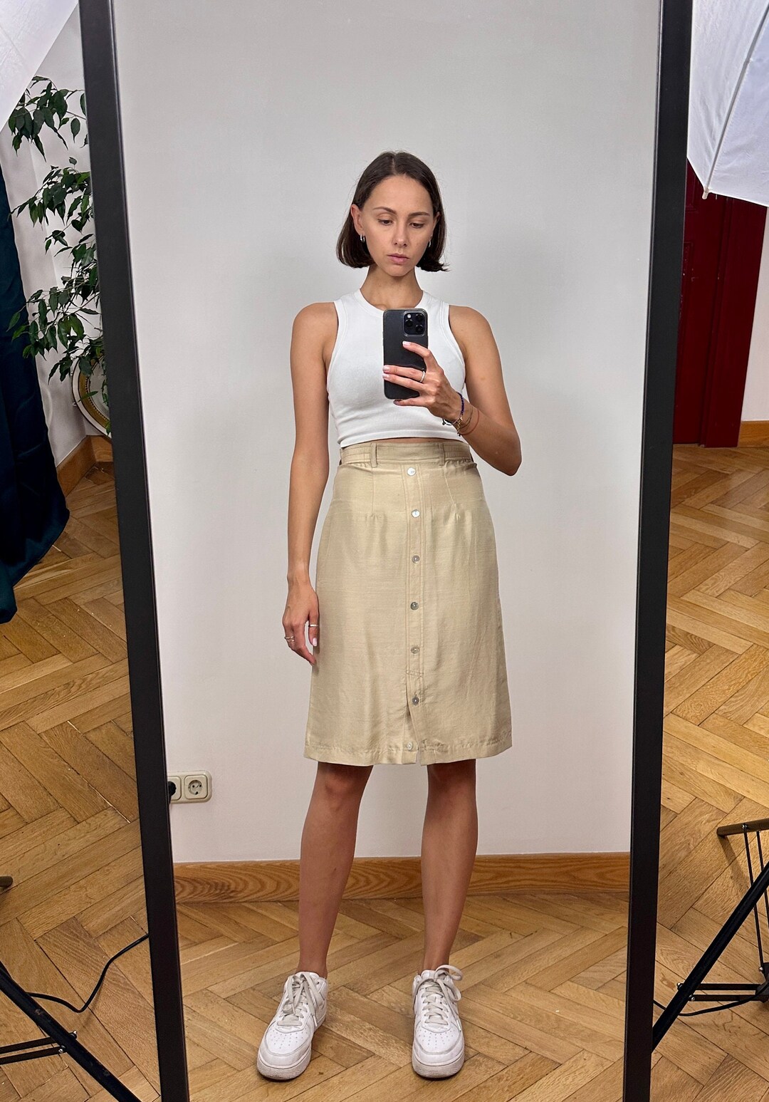 Vintage Beige Silk Pencil Skirt, Silk High Waist Midi Skirt With Mother ...