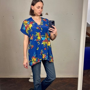Vintage Floral Short Sleeve Blouse, Summer Shirt with Mother of pearl buttons