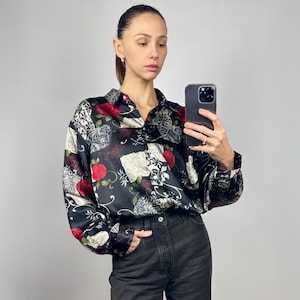 Vintage Black Floral Satin  Blouse, Long Sleeve Silky Top with Mother of Pearl Buttons