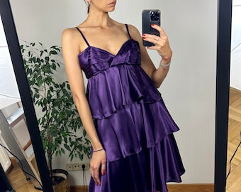 Vintage Purple Silky Sleeveless midi Dress, Satin Ruffle Party Dress