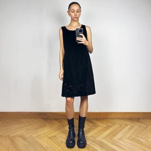 Vintage Black Classic Velvet Sleeveless midi Dress, Elegant Black Cotton Dress