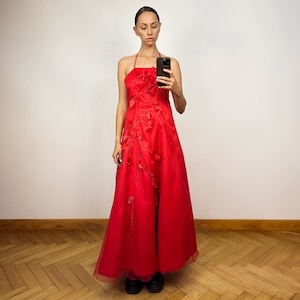 Vintage Red Silky Sleeveless Long Dress, A-Line Organza Embellished Maxi Dress