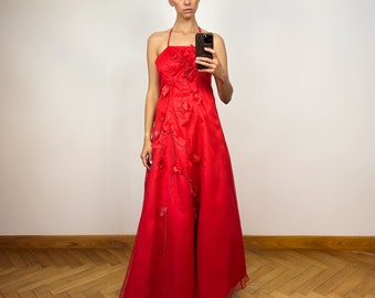 Vintage Red Silky Sleeveless Long Dress, A-Line Organza Embellished Maxi Dress