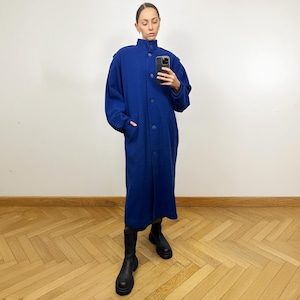 Vintage Blue Wool Coat, Blue Wool Midi Winter Coat