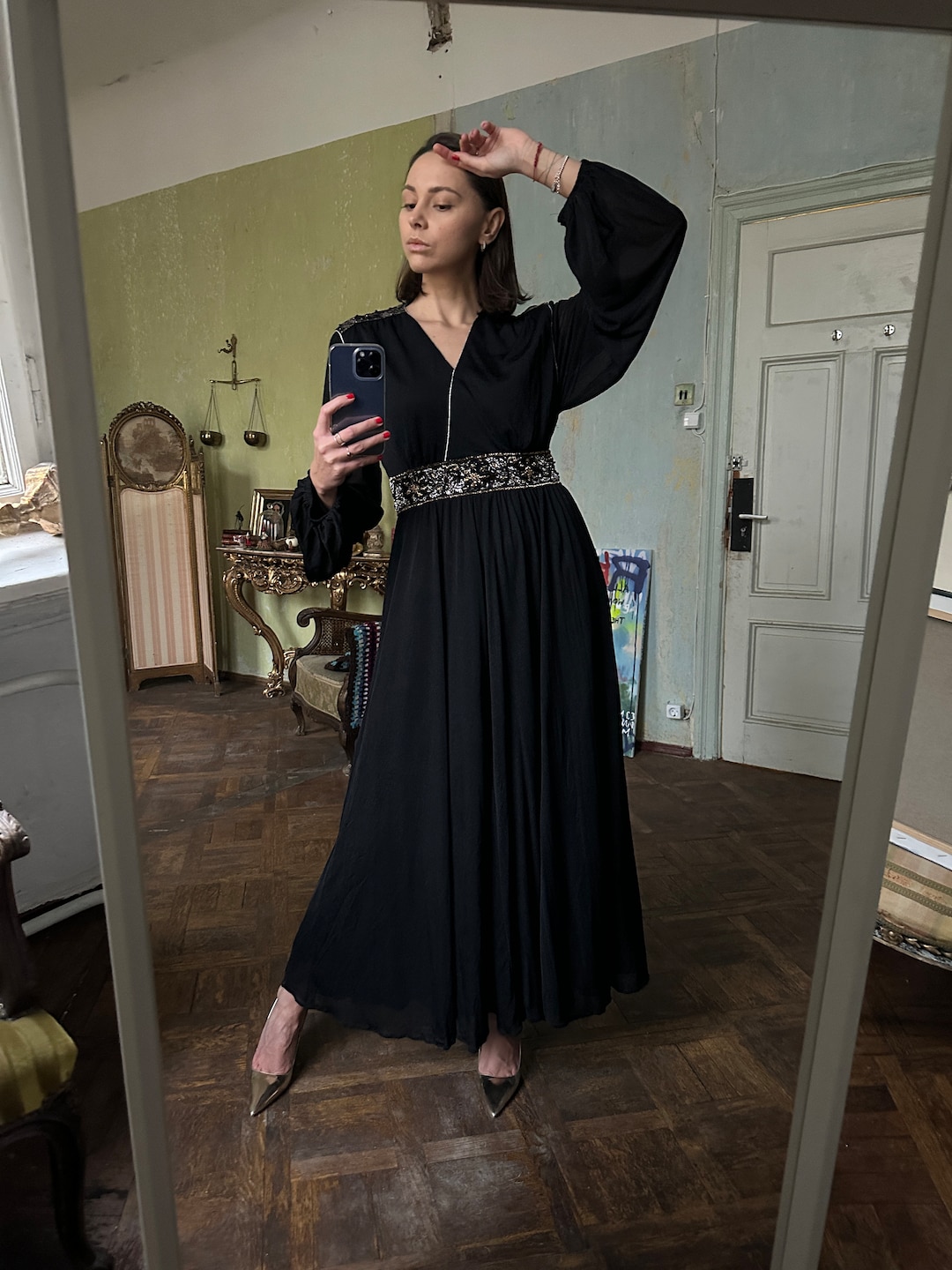 Vintage Black Ruched Long-Sleeve Evening Dress - M main image 0