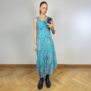 Vintage Light Blue Chiffon Floral Midi Dress, Sleeveless Long Summer Dress