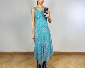 Vintage Light Blue Chiffon Floral Midi Dress, Sleeveless Long Summer Dress