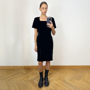 Vintage Black Classic Velvet Pencil midi Dress, Elegant Black Dress