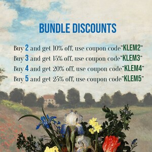 Peut inclure: Un graphique avec un ciel bleu et des collines vertes en arri&egrave;re-plan. Le texte indique "BUNDLE DISCOUNTS" et liste des r&eacute;ductions pour l'achat de 2, 3, 4 ou 5 articles. Les r&eacute;ductions sont de 10 %, 15 %, 20 % et 25 % respectivement. Les codes promo sont "KLEM2", "KLEM3", "KLEM4" et "KLEM5".