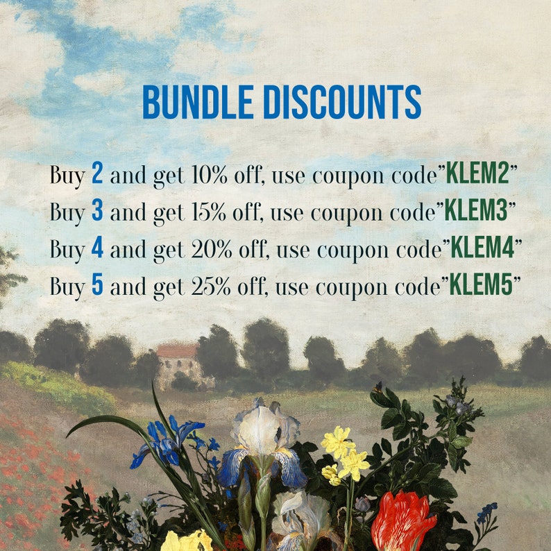 Peut inclure: Un graphique avec un ciel bleu et des collines vertes en arri&egrave;re-plan. Le texte indique "BUNDLE DISCOUNTS" et liste des r&eacute;ductions pour l'achat de 2, 3, 4 ou 5 articles. Les r&eacute;ductions sont de 10 %, 15 %, 20 % et 25 % respectivement. Les codes promo sont "KLEM2", "KLEM3", "KLEM4" et "KLEM5".