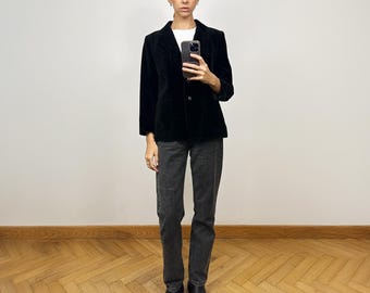 Blazer de veludo preto vintage, jaqueta de veludo preto