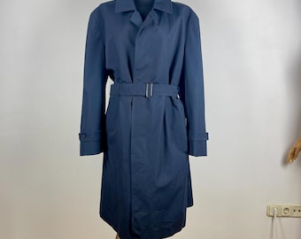 Vintage Navy Blue Trench Coat , Trench Coat with Detachable Wool Lining