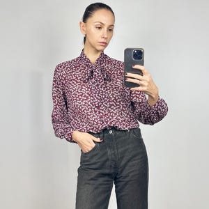 Vintage Semi-Sheer  Pussybow Floral Blouse, Long Sleeve Bow tie Top