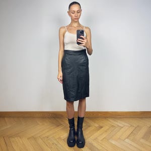 Vintage Black Leather Midi Skirt, High Waist Black Leather Skirt