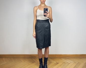 Vintage Black Leather Midi Skirt, High Waist Black Leather Skirt