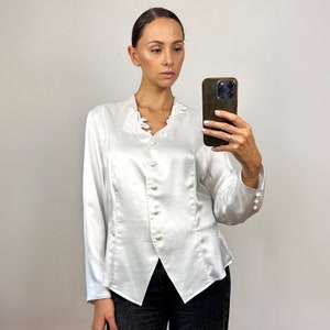 Vintage White Silky Embroidered Blouse, White Satin Top