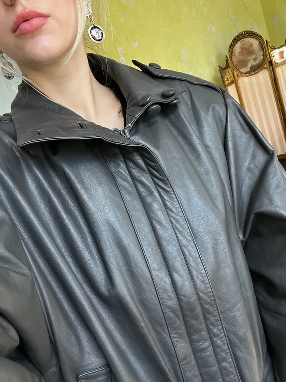Vintage Grey Long Leather Jacket, 90s Leather Coat Gem