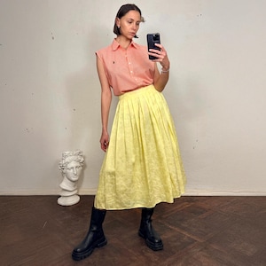 Vintage Yellow Pleated Midi Skirt, High Waist A-Line Floral Silky Skirt