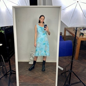 Vintage Chiffon Light Blue Floral Midi Dress, Sleeveless Ruffle Summer Dress