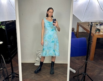 Vintage Chiffon Light Blue Floral Midi Dress, Sleeveless Ruffle Summer Dress