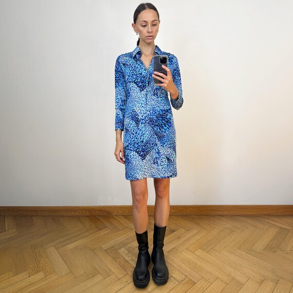 Vintage Blue Printed Silk Long Sleeve Mini Shirt Dress, Silk Abstract Pattern Pencil Mini  Dress