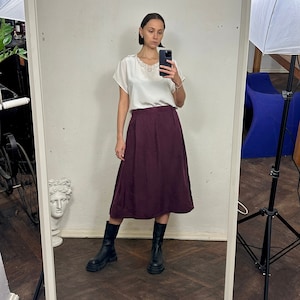 Vintage Purple A-Line Silk Midi Skirt, High Waist Silk Full Skirt