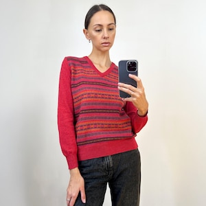 Vintage Pink Striped Wool Sweater, Soft Lambswool pullover jumper