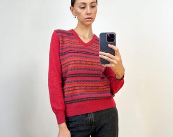 Suéter vintage de lana a rayas rosas, jersey de lana de cordero suave