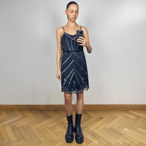 Vintage Blue Sleeveless Beaded Mini Dress, Sleeveless Embellished Cocktail Dress