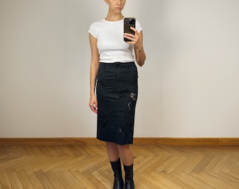 Vintage Black Pencil Midi Skirt, Black Cotton Stretchy  Skirt