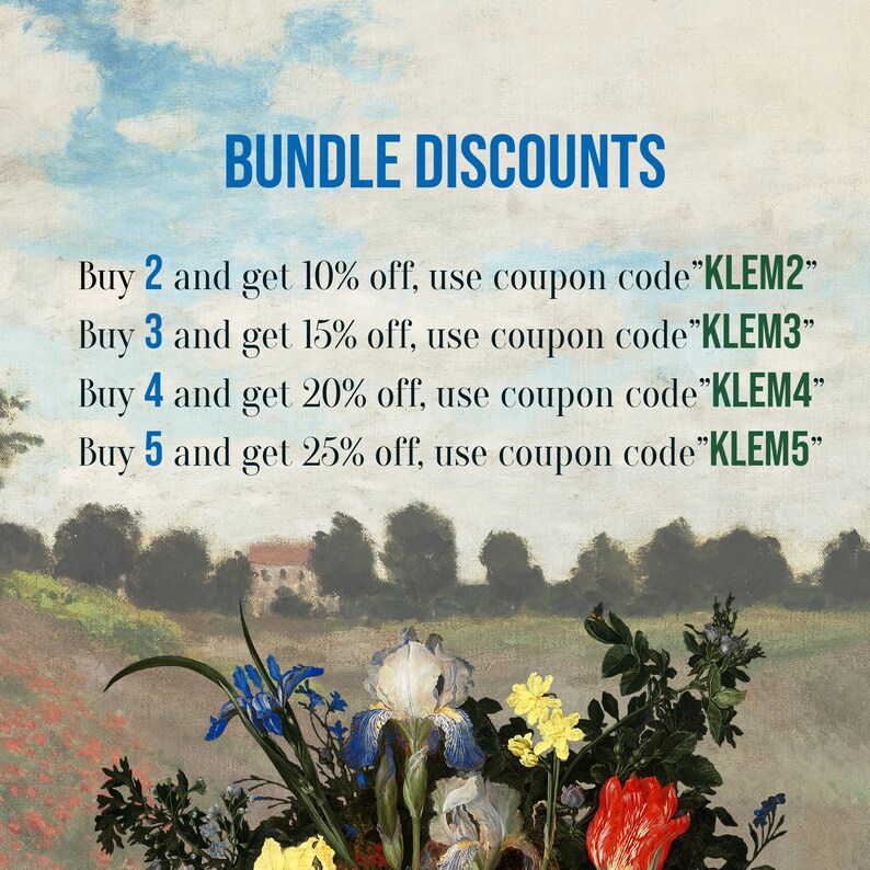 Peut inclure: Un graphique avec un ciel bleu et des collines vertes en arri&egrave;re-plan. Le texte indique "BUNDLE DISCOUNTS" et liste des r&eacute;ductions pour l'achat de 2, 3, 4 ou 5 articles. Les r&eacute;ductions sont de 10 %, 15 %, 20 % et 25 % respectivement. Les codes promo sont "KLEM2", "KLEM3", "KLEM4" et "KLEM5".