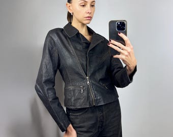 Chaqueta de cuero marrón de los 90, chaqueta de cuero corta