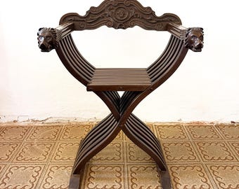 Antique Savonarola Chair, Florentine Renaissance Home Decor, Carved Wood Armchair